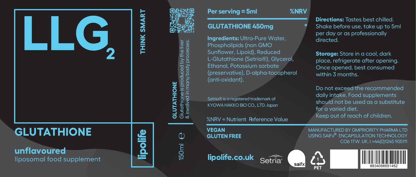 LIPOLIFE - LLG2 - LIPOSOMAL GLUTATHIONE - 450MG PER 5ML - 150ML - UNFLAVOURED