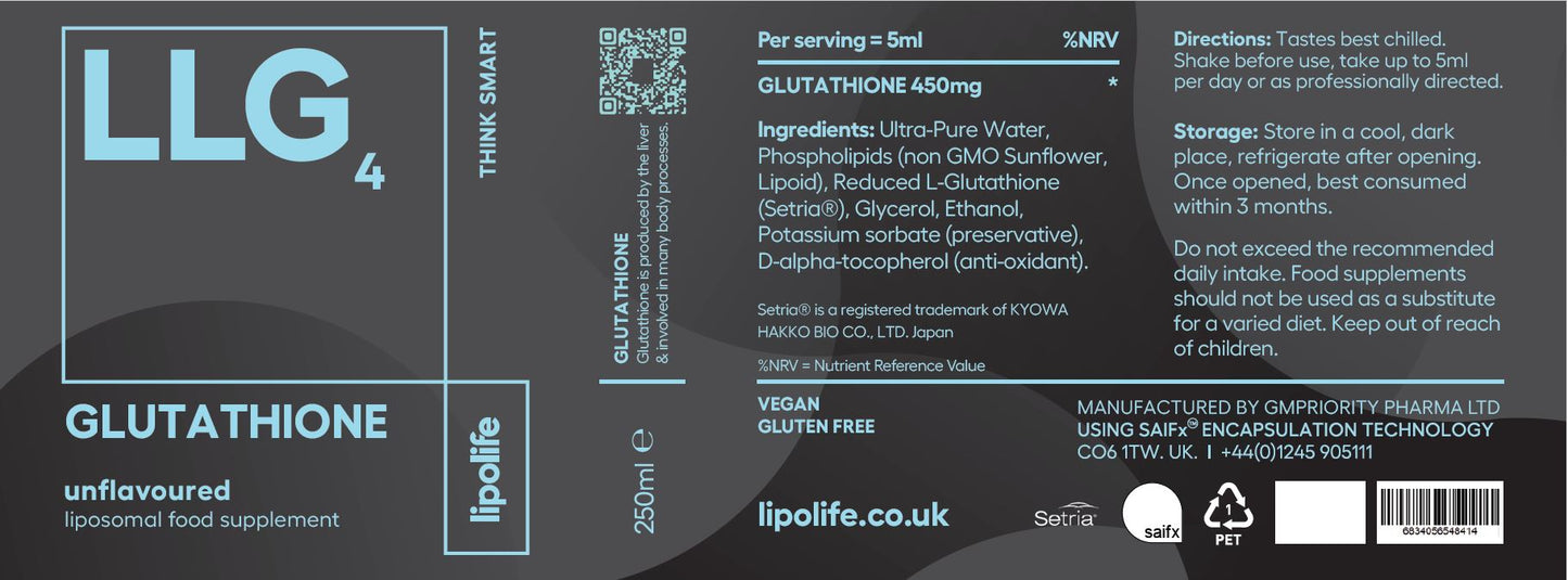 LIPOLIFE - LLG4 - LIPOSOMAL GLUTATHIONE - 450MG PER 5ML - 250ML - UNFLAVOURED