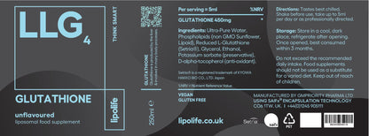 LIPOLIFE - LLG4 - LIPOSOMAL GLUTATHIONE - 450MG PER 5ML - 250ML - UNFLAVOURED