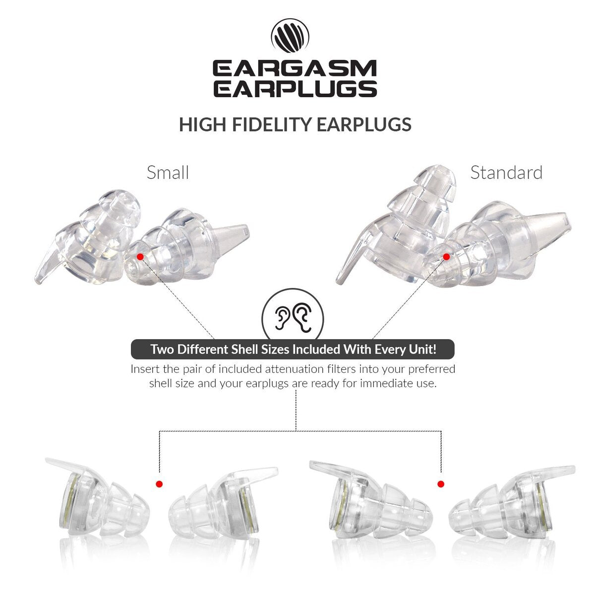 EARGASM HIGH FIDELITY EARPLUGS - SMALLER EARS OR STANDARD SIZE - TRANSPARENT EDITION