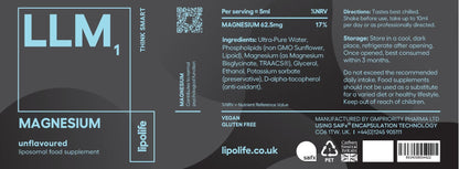 LIPOLIFE - LLM1 - LIPOSOMAL MAGNESIUM - 62.5MG PER 5ML - 240ML - UNFLAVOURED